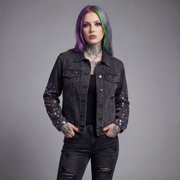 Jackets & Blazers - Rock Glam Rhinestone Studded Black Denim Jacket Bedazzled Vintage Size 10